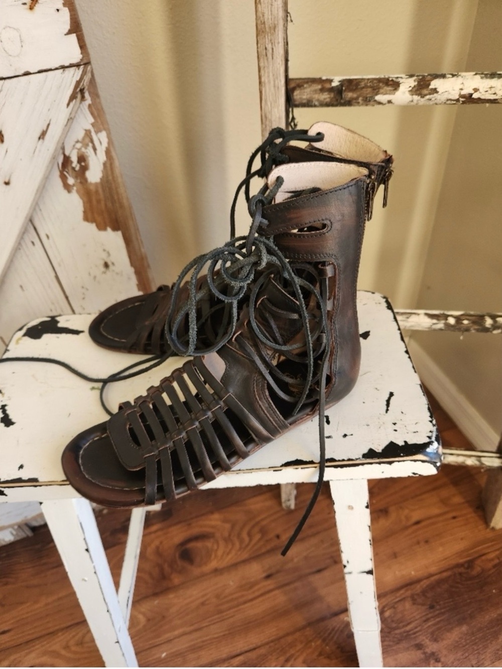 freebird Dark Brown Leather Lace-Up Gladiator Sandals